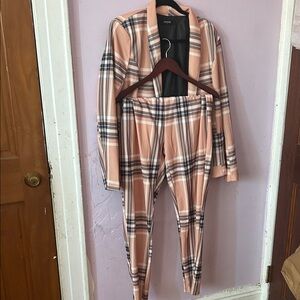 Chic Peach Plaid Blazer and Pants Set